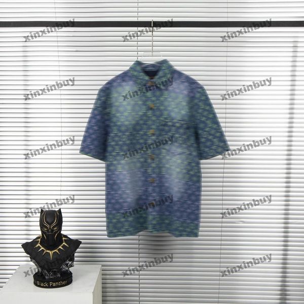 

xinxinbuy men designer tee t shirt 23ss rainbow letter denim gradient jacquard short sleeve cotton women black white blue xs-l, Black;brown
