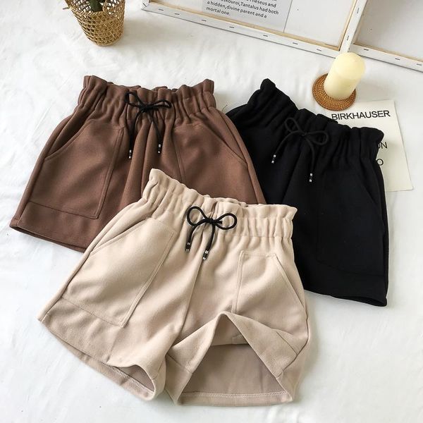 

women's shorts high waist wide leg black shorts women autumn winter solid short casual thicken warm ladies woolen shorts elastic 230418, White;black