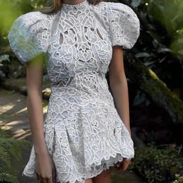 

dresses fashion runway summer dress 2022 women hollow out lace dress flower embroidery short puff sleeve ruffles vestido mini, Black;gray