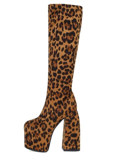 

boots leopard women boots high heels chunky platform big size black autumn winter knee high boot flock party fetish shoes bra1796116