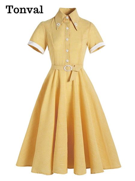 

dresses tonval turndown collar buttons yellow vintage 50s plaid midi shirt dresses for women elegant summer belted retro clothes, Black;gray