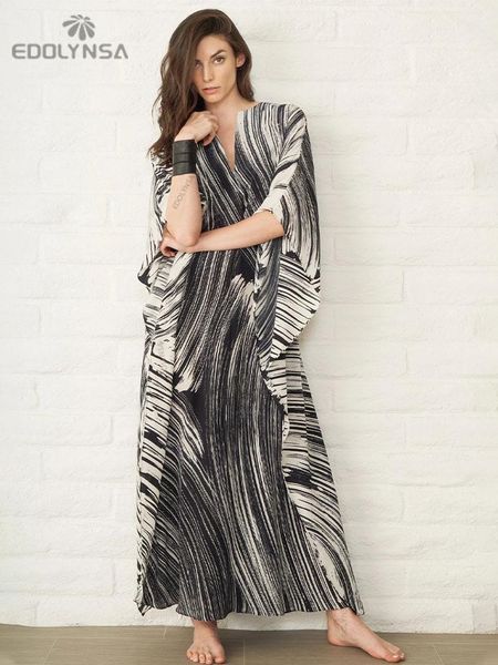 

dresses 2022 elegant quickdrying striped vneck self belted summer beach dress black cotton tunic plus size women beachwear kaftan q941, Black;gray