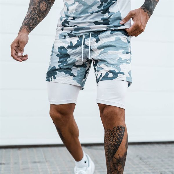 

men's shorts summer 2 in 1 camouflage men gym fitness running quick dry male bodybuilding short pants 230419, White;black