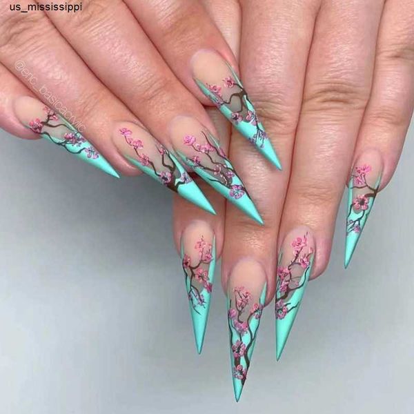 

false nails 24pcs tiffany blue chinese style plum blossom long pointed nail art press on french fake nails full cover artificial false nails, Red;gold