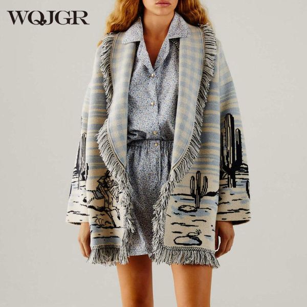 

sweaters wqjgr cardigan sweater women wool kniited tassel doodle jacquard loose full sleeve cashmere winter jacket women, White;black