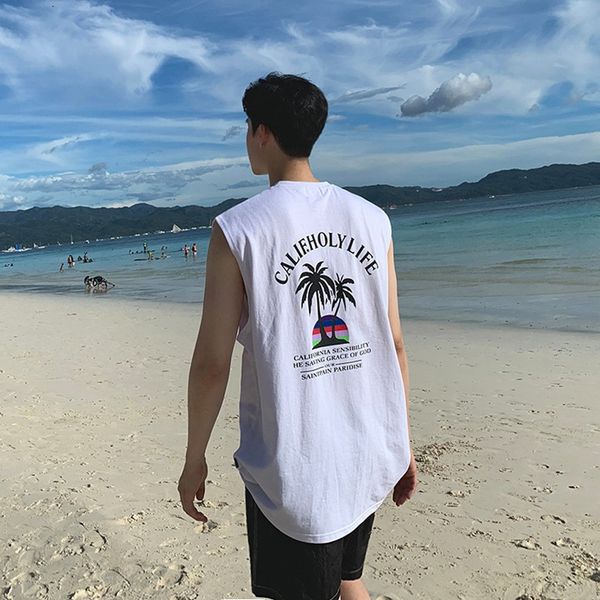 

mens tank print vest men summer casual beach korea fashion sleeveless shirts male loose undershirt 100% cotton tees hip hop 230419, White;black