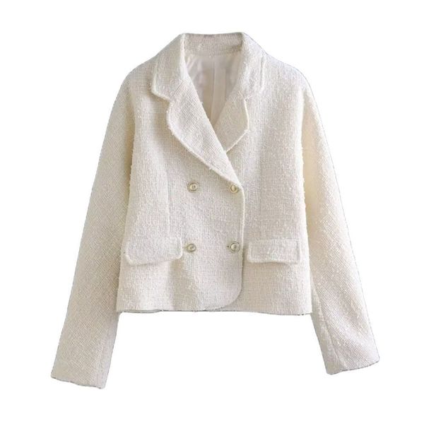 

women's suits blazers zaa fall fashion retro casual lapel double breasted versatile quality short textured long sleeved suit jacket 230, White;black