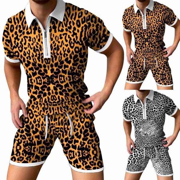 

tracksuits summer men's leopard print 3d zipper lapel shirt short sleeve + shorts set men's sports suit 2-piece set, Gray