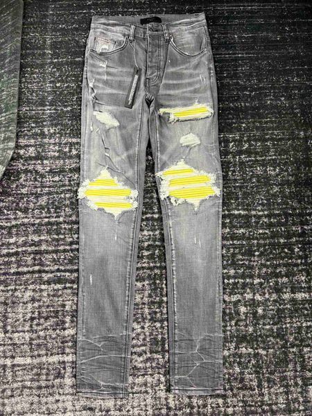 

mens jeans casual slim men designers jean stretch pants destroy the quilt ripped straight knee yellow leather retro hip hop street pantwf85, Blue