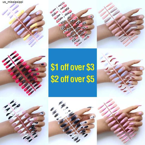 

false nails 24pcs long coffin false nails red wine colour artificial ballerina fake nails with glue full cover nail tips press on nails j230, Red;gold