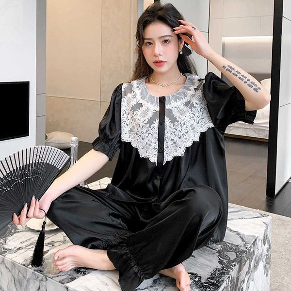 

imitation silk can be outworn home fur short sleeve summer pajamas women's ice and snow thin lace