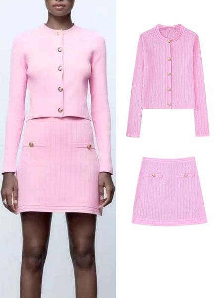 

dress traf spring autumn 2pcs women knitted skirt cardigan sweater sets fashion golden buttons coats girl single breasted outfits, White