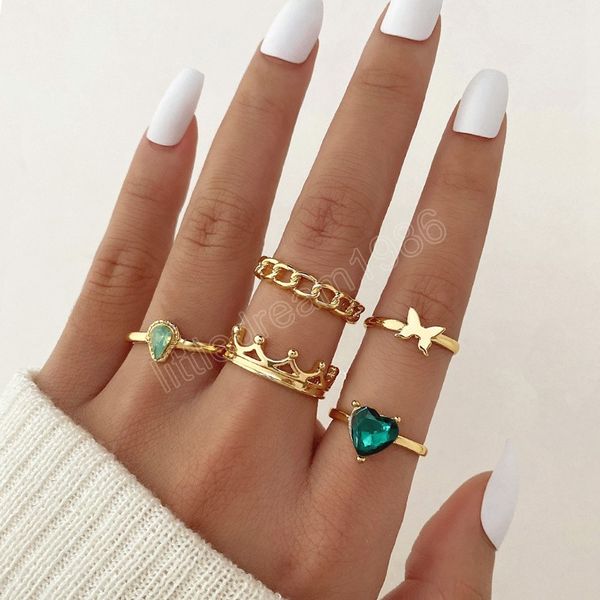 

luxury green rhinestone rings women vintage fashion crystal love metal butterfly ring, Silver