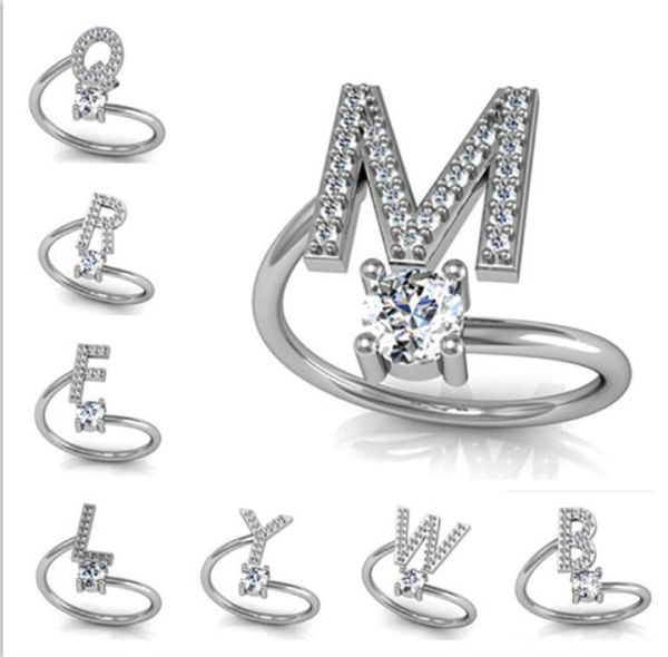 

26 letters band rings crystal pave letter with stones openend rings5856546, Silver