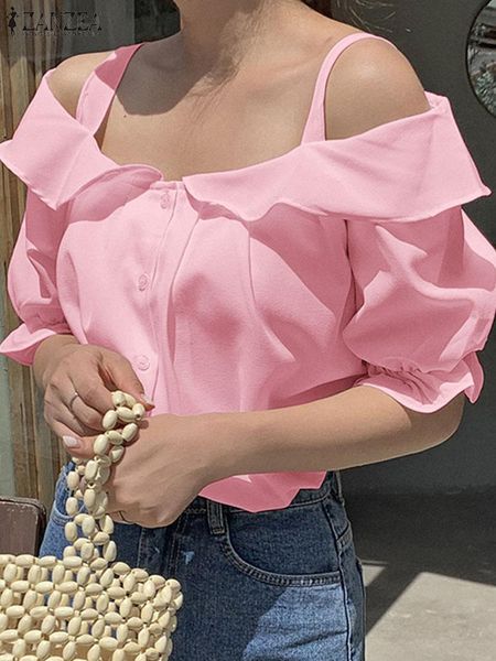 

t-shirt zanzea vintage flare puff half sleeve kawaii 2022 korean fashion off shoulder blouse sweety elastic cuff holiday shirts, White