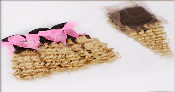 

9a virgin brazilian deep curly wave ombre 3bundles with closure t1b613 curly hair weaves with closure dark roots blonde hair wit5358516, Black