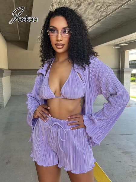 

dress joskaa solid color bikini lapel long sleeve cardigan and loose shorts 3 piece set women outfits autumn 2022 streetwear, White