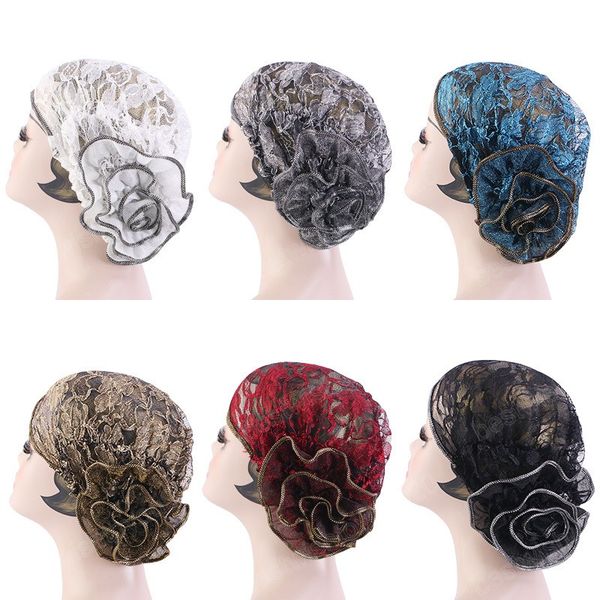 

large breathable lace flower turbans for women muslim ruffle cancer chemo beanie caps hijab inner bonnet islamic headwear, Blue;gray
