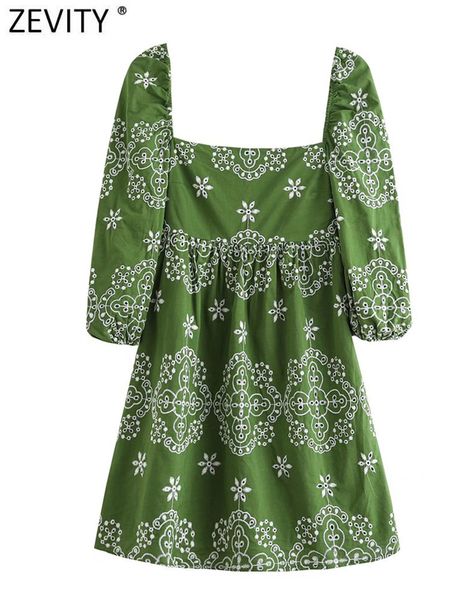 

casual dresses zevity women vintage square collar hollow out embroidery mini shirt dress female chic puff sleeve pleats vestidos mujer ds120, Black;gray