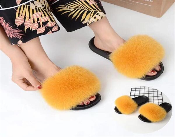 

bravalucia fahion real fox hair autumnwinter slippers women fur home slippers fluffy sliders plush furry home shoes wome7115704, Black