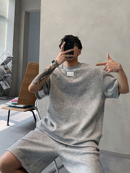 

men's tracksuits gmiixder summer casual short-sleeved suit men textured t-shirt simple shorts two-piece suit hip hop tracksuit 230419, Gray