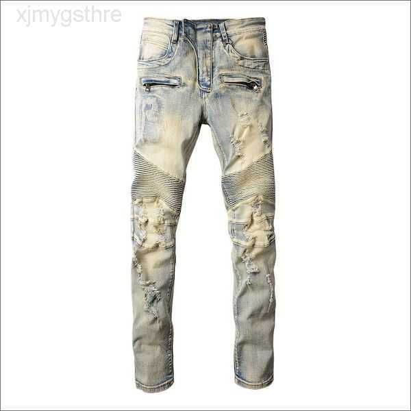 

2022 designer mens jeans hip-hop fashion zipper hole wash jean pants retro torn fold stitching men design motorcycle riding cool slim pant p, Blue