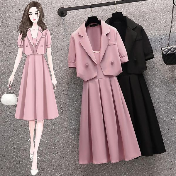 

dress sling dress suit female summer new korean version fashion casual short suit high waist large size pleated dress twopiece set, White