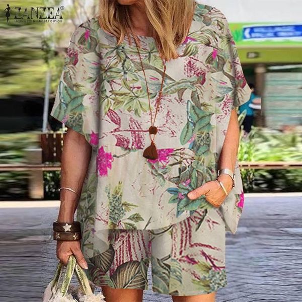 

dress 2pcs women summer sets vintage floral printed short sleeve blouse suits zanzea bohemian beach short sets casual loose tracksuits, White