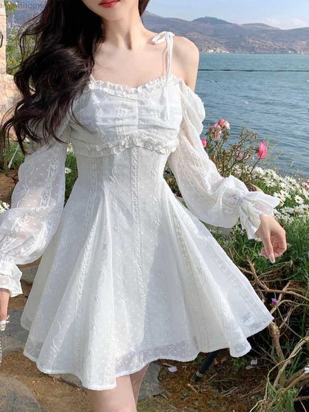 

french style elegant y2k mini dress lace design vintage strap dress women 2023 spring fashion office casual kawaii lolita dress 0419, Black;gray
