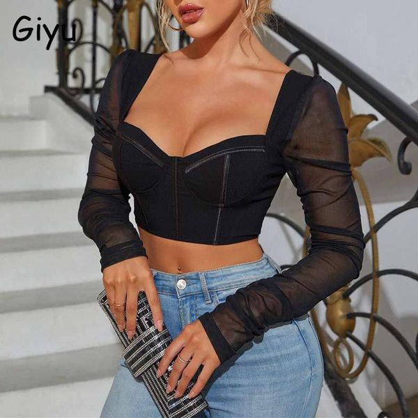 

t-shirt giyu elegant mesh blusas women fashion blouses 2022 autumn backless solid long sleeve slim clubwear feminine clothes, White