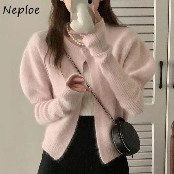 

sweaters neploe o neck puff sleeve solid color outerwear single button sweater women y2k 2022 autumn clothes cardigan korea style, White;black