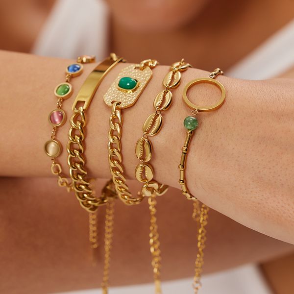

18k sun gold cuban chain bracelet stainless steel women's mens hip hop style handpiece square spacer charms natural stone bead bracelet, Golden;silver