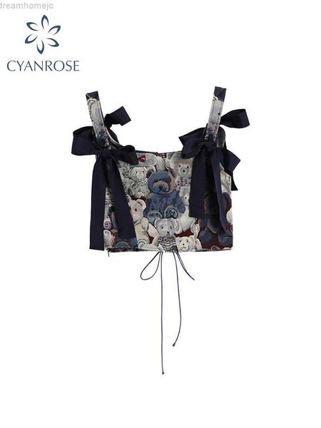 

new 2022 korean cute bear jacquard bow women suspender vest summer y2k vintage casual sleeveless off shoulder ladies crop 0419, White