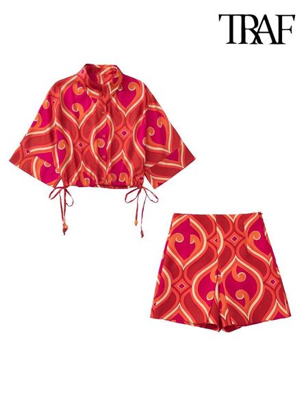 

dress traf women fashion with ties printed cropped blouses and high waist side zipper shorts female two pieces sets mujer, White