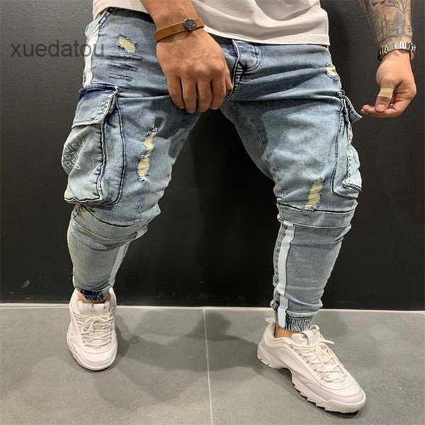 

fashion stacked denim jeans men skinny men pocket pencil pants jeans male denim pants ropa hombre casual denim hip hop pants 5 mnid, Blue