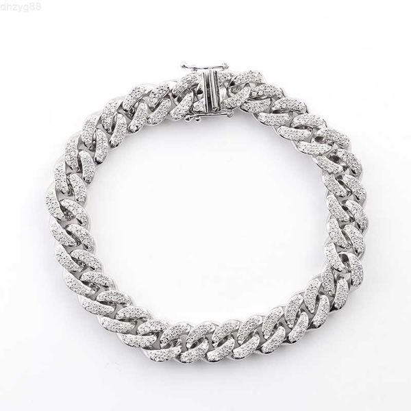 

14k white/yellow gold 10mm width def melee moissanite diamond cuban link bracelet 190mm, Silver