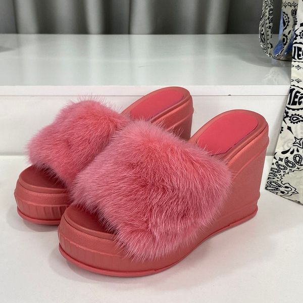 

mink mule slippers slides sandals heeled wedges platform pumps heels 7cm women's luxury designers leather outsole evening casual party, Black