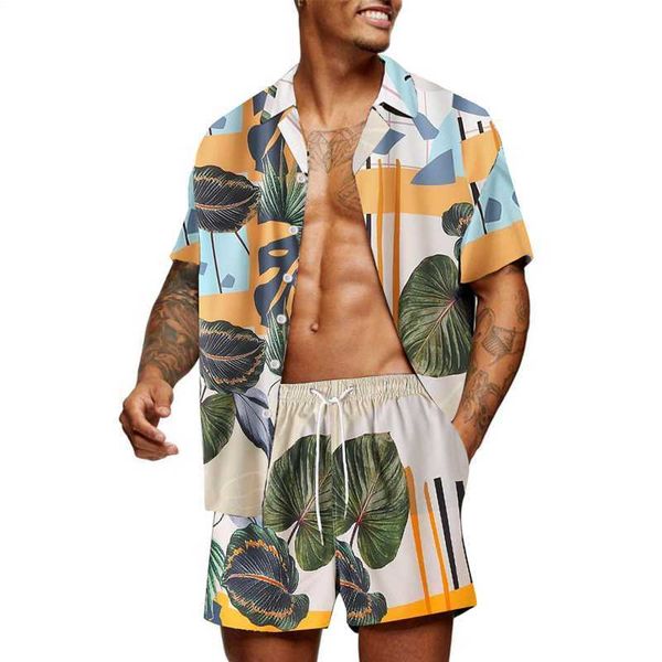 

tracksuits men's print set lapel button short sleeve shirt beach short summer set for men hawaiian high-quality casual two-piece set s-, Gray