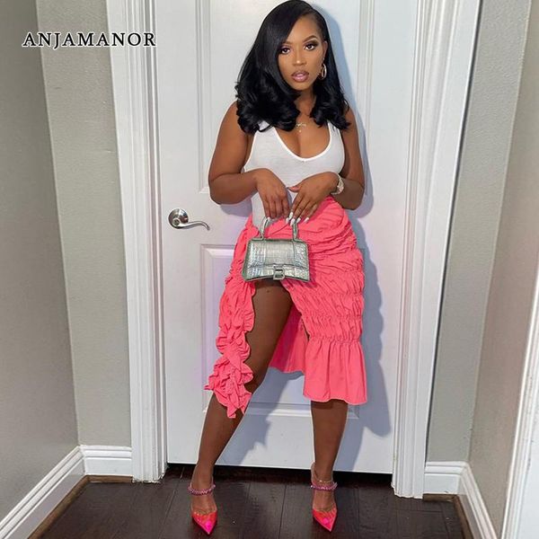 

dresses anjamanor neon split stretch pleated wrap skirt women clothing 2022 fashion summer beach vacation midi skirts d74cd23, White;black