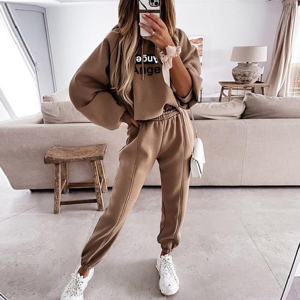

pants letter print hoodies tracksuits women's fleece 2 piece set female pants sets casual sports lace up hooded sweatshirts autumn new, White