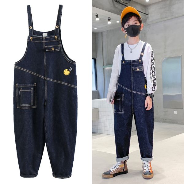 

overalls big boys jumpsuits vintage button pockets full length straight all-match loose students loose blue denim overalls 6-12 years 230419