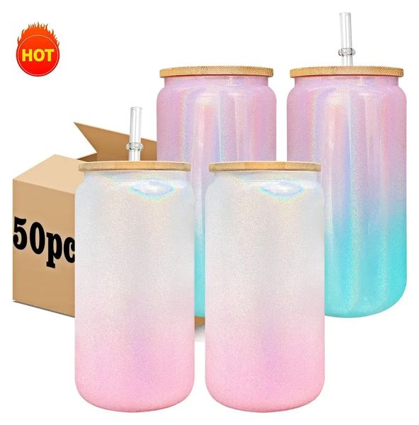 

sublimation 16oz glitter gradient glass can tumbler creative sequins shape bottle with lid and straw summer drinkware mason jar juice cup