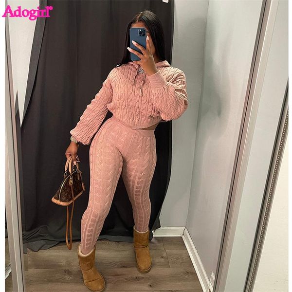 

pants adogirl braid knitted sweater two piece set highly stretchy antipilling women suits long sleeve hooded crop pants suits, White