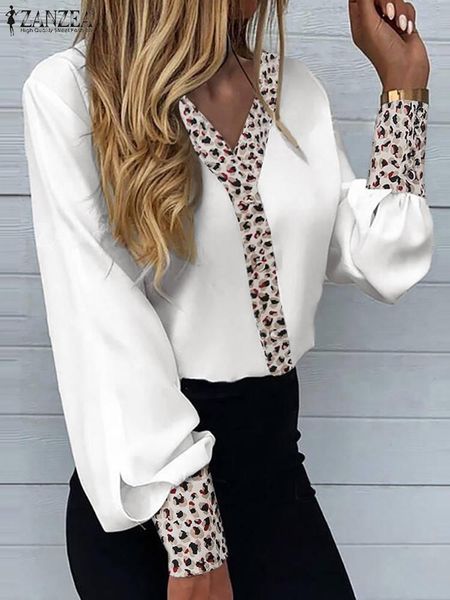 

t-shirt zanzea 2022 stylish spring women patchwork leopard blouses female tunic chemise oversize casual long sleeve v neck blusas, White