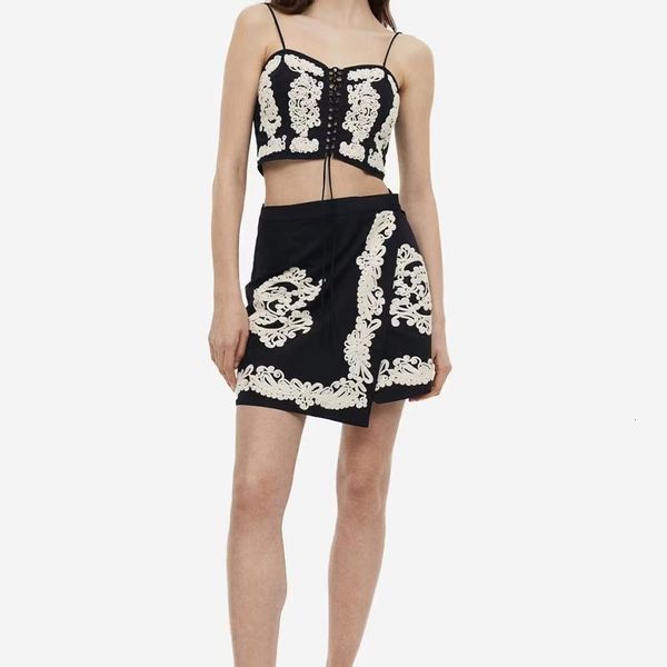 

two piece dress zaa 2023 spring summer women's fashion and unique strap embroidery retro casual split half skirt short 230419, White