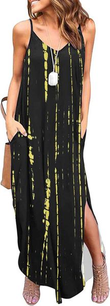 

huskary women's summer casual sleeveless v neck strappy split loose dress beach cover up long cami maxi dresses with pocket, Black;gray