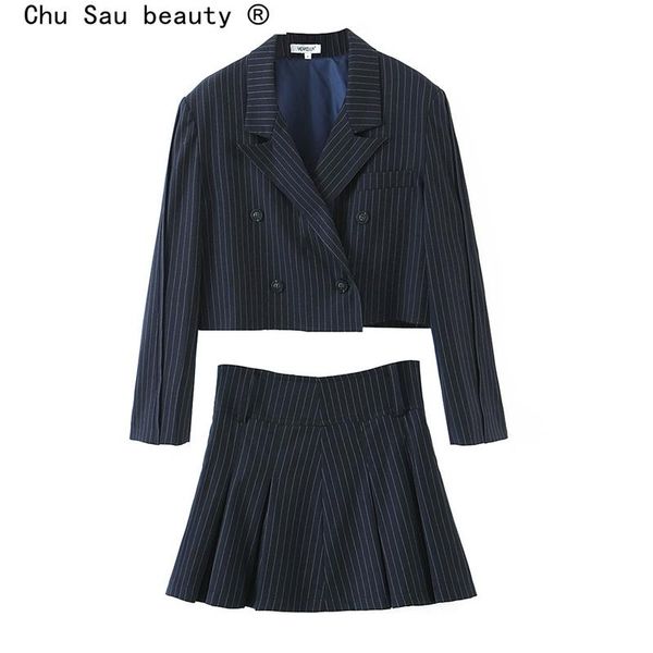 

dress new fashion autumn office lady style striped printed 2 piece sets women fall casual chic short blazers+mini skirts set female, White