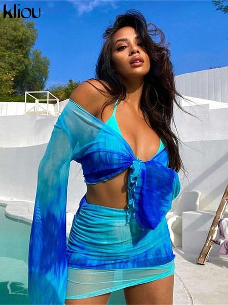 

dress kliou printed mesh tie up skirt matching sets flare long sleeve holiday club outfit for women casual drawstring 2 piece set, White