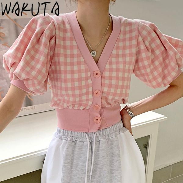 

sweaters wakuta summer sweet crop knitted puff short sleeve plaid cardigan women 2021 new korean fashion pink retro chic streetwear, White;black