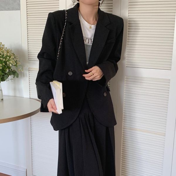 

pants spring autumn vintage blazer two piece set women skirt suits double breasted blazers coat + high waist long pleated skirts, White